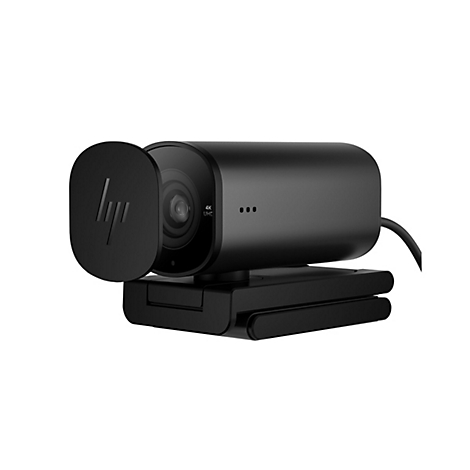 Schwarze HP Webcam mit Logo und 4K UHD Schriftzug. Auf Halterung vor weißem Hintergrund.