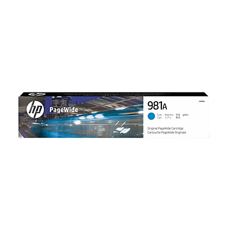 HP PageWide Tintenpatrone 981A, abgebildet. Blauer Hintergrund mit Zug.