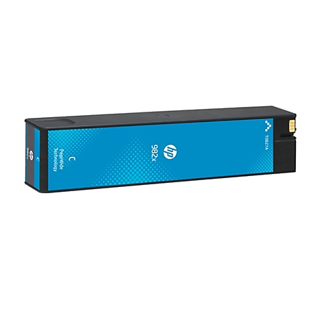 Eine Tintenpatrone der Marke HP, X982, blau und schwarz. Aufschrift: PageWide Technologie. Auf weißem Grund.
