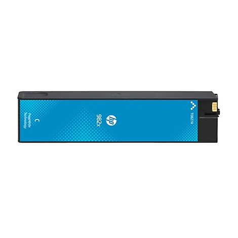 Eine Tintenpatrone, schwarz mit blauem Mittelteil und weißem Logo, Schriftzug: 982X C, T0B27A, PageWide Technology, HP-Logo.