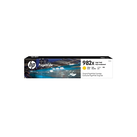 Gelbe HP PageWide Druckerpatrone; Text zeigt Modell 982X mit hoher Ergiebigkeit, gelbe Tinte, und Logo.