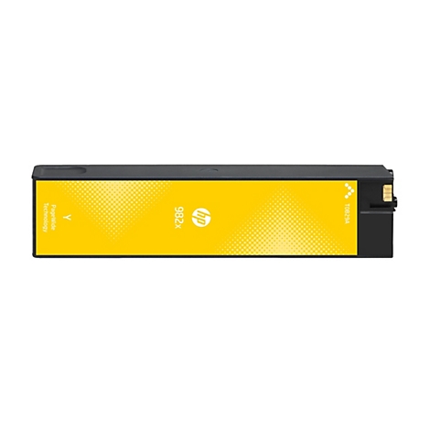 Gelbe Druckerpatrone mit der Aufschrift HP 982X, vor weißem Hintergrund.