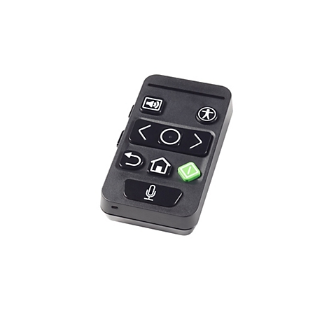 Schwarze Fernbedienung mit verschiedenen Symbolen, wie Lautsprecher, Pfeile und ein Haussymbol.