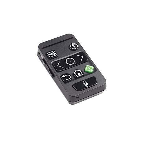 Schwarze Fernbedienung mit Symbolen, wie Lautsprecher, Pfeile, Haus, Mikrofon und einem grünen Feld.