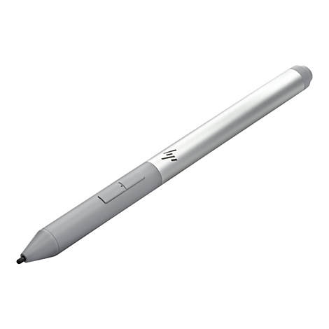 Grauer HP-Stylus-Stift mit silbernem Schaft, Details wie das HP-Logo.