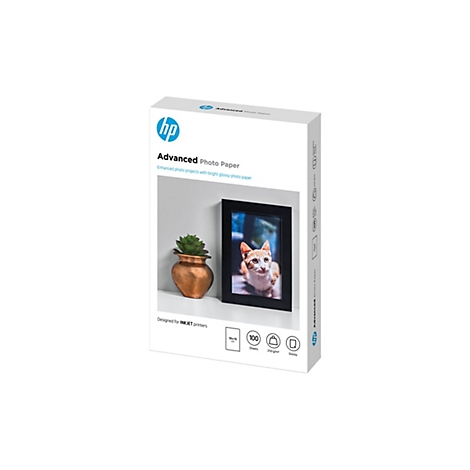 Packung HP Advanced Fotopapier mit Katzenfoto in Bilderrahmen und kleiner Pflanze.