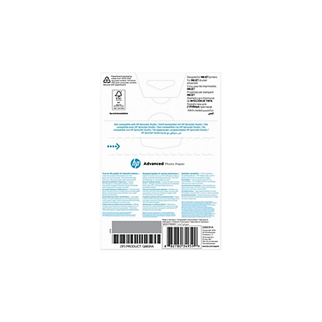 Rückseite einer HP Advanced Fotopapier-Verpackung mit technischen Informationen, Zertifizierungen und Produktmerkmalen.