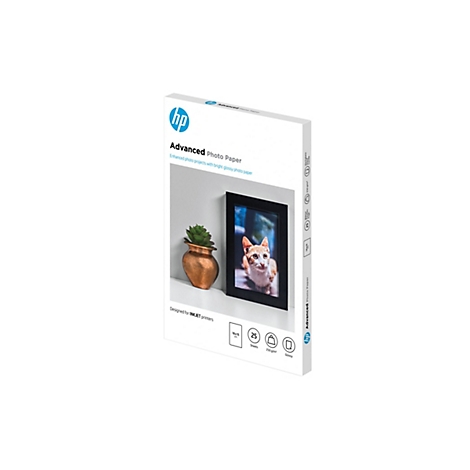 HP Advanced Fotopapier Verpackung mit Katzenbild im Bilderrahmen.