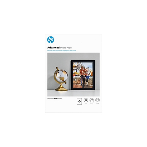Produktverpackung von HP Advanced Photo Paper mit Foto von zwei Personen vor dem Eiffelturm neben einem Globus.