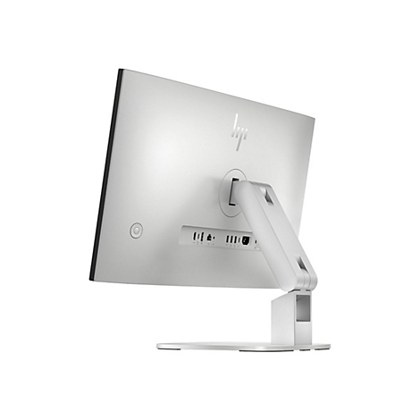 Rückseite eines silbernen HP-Monitors. Ein schwenkbarer Arm verbindet den Bildschirm mit dem Standfuß. Das HP-Logo befindet sich oben.