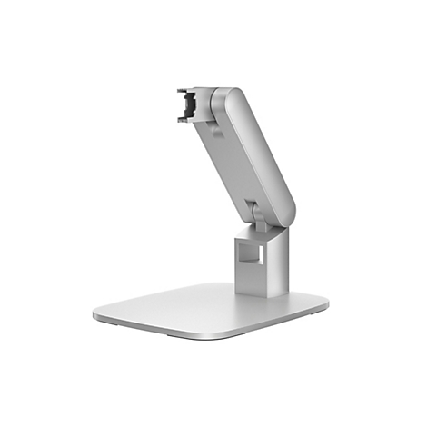 Ein silberner Monitorarm mit eckiger Basis, zwei Gelenken und einem Halter für den Bildschirm.