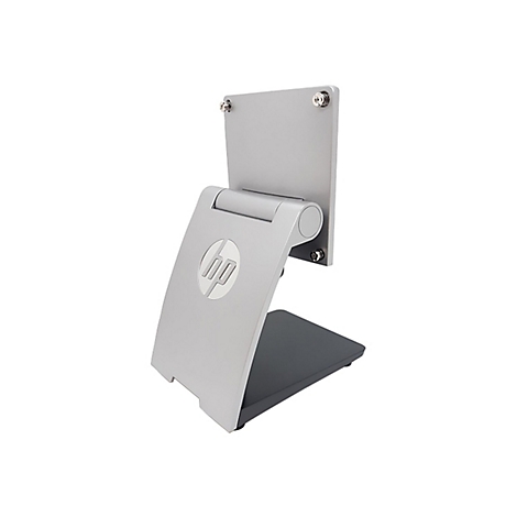 Silberner Monitorhalter mit HP-Logo. Der Halter hat eine Basis, ein Gelenk und eine Platte für den Monitor.