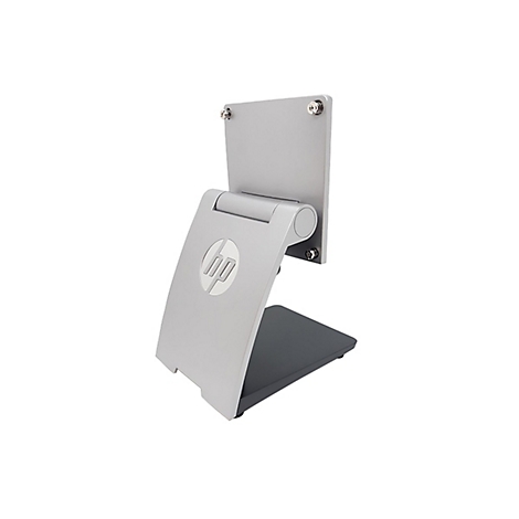 Ein silberner HP Monitorständer. Das HP Logo ist sichtbar. Das Produkt ist auf einem weißen Hintergrund dargestellt.