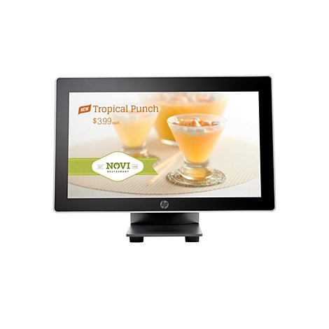 Ein Touchscreen-Monitor mit einem Bild von tropischem Punch, 3,99 $ pro Glas. Das Logo des Restaurants Novi ist ebenfalls auf dem Bildschirm.