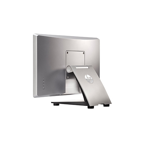 Silberner Computermonitor von hinten, mit HP-Logo auf dem Standfuß, weißer Hintergrund.