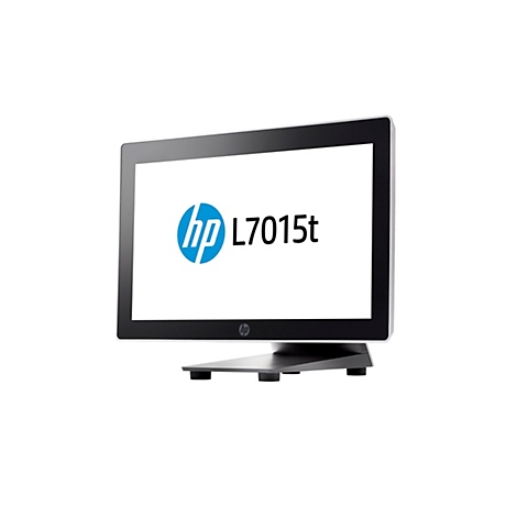 Ein HP L7015t Touchscreen-Monitor mit schwarzem Bildschirmrahmen und einem Standfuß vor weißem Hintergrund. Der Bildschirm zeigt das HP-Logo und den Schriftzug L7015t.
