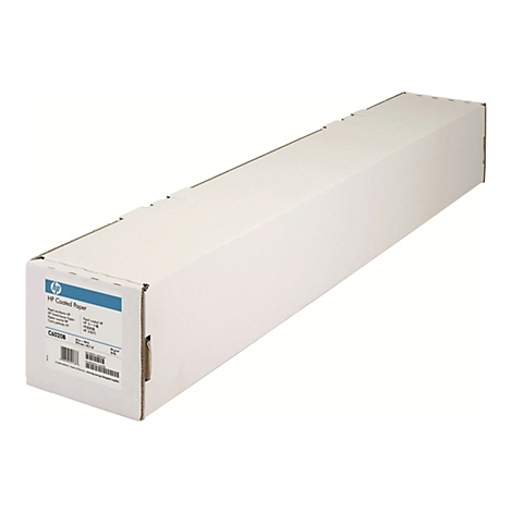 Länglicher, weißer Karton mit HP-Logo und Beschriftung als HP Coated Paper Rolle.
