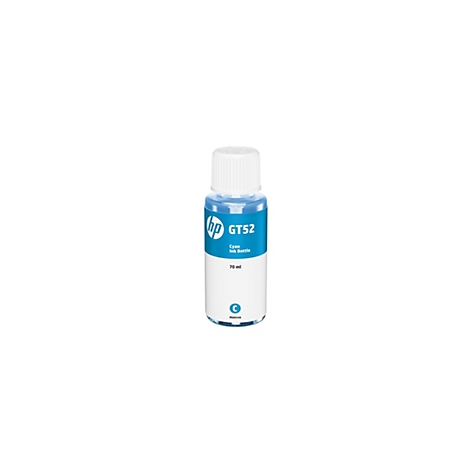 Une bouteille d'encre bleue avec un bouchon blanc. La bouteille indique "HP GT52 Cyan Ink Bottle 70 ml".