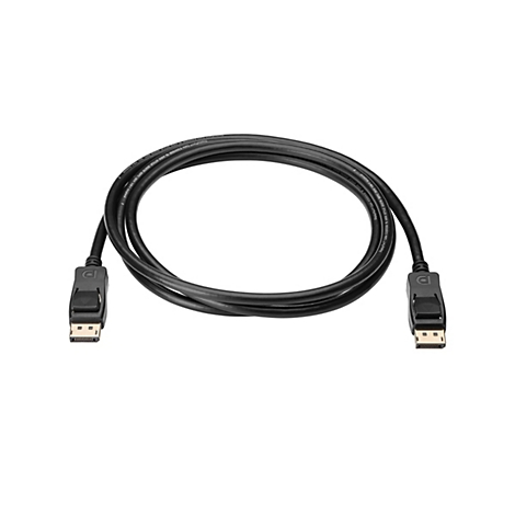Ein schwarzes DisplayPort-Kabel auf weißem Hintergrund, mit Steckern an beiden Enden.
