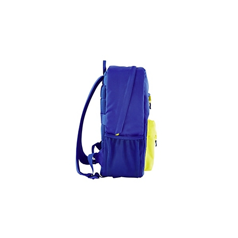 Blauer und gelber Rucksack im Profil, Reißverschlüsse und Träger.