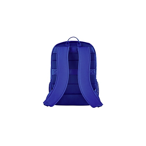 Blauer Rucksack von hinten betrachtet mit gepolsterten Schultergurten und Mesh-Rückenbereich auf weißem Hintergrund.