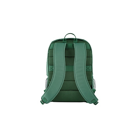Rückseite eines grünen Rucksacks mit gepolsterten Schultergurten und atmungsaktivem Mesh-Rückenpolster.