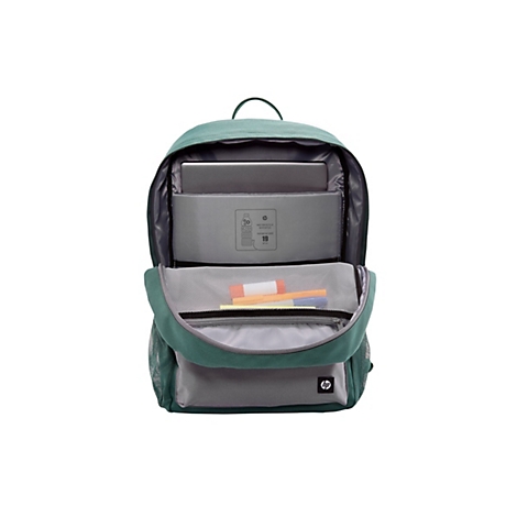 Geöffneter, grüner HP Rucksack mit Laptopfach und Fächern für Zubehör vor weißem Hintergrund.