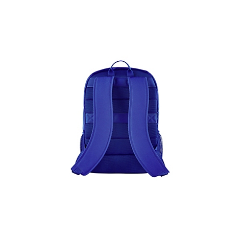 Rückansicht eines blauen Rucksacks. Gepolsterte Träger und Rückenpartie. Oben eine Schlaufe.