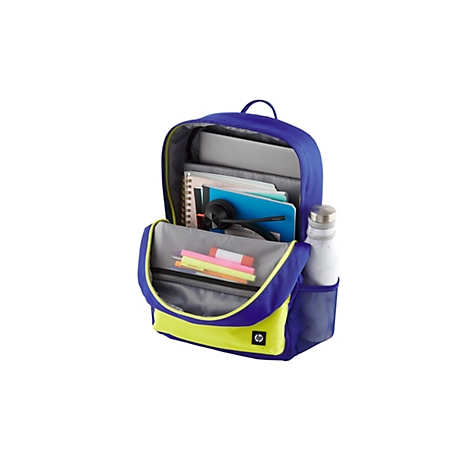 Blauer, gelber Rucksack, geöffnet, gefüllt mit Laptop, Büchern, Kopfhörern, Stiften und einer Wasserflasche.