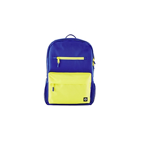 Blauer und gelber Rucksack mit Reißverschlüssen und HP Logo. Auf weißem Hintergrund.
