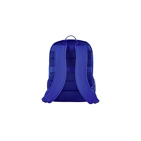 Rückansicht eines blauen Rucksacks. Deutlich sind Träger, Rückenpolsterung und ein Tragegriff zu sehen.