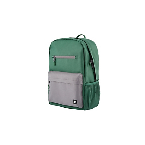 Ein grüner HP Rucksack mit grauer Vortasche und Netz-Seitentasche vor weißem Hintergrund.