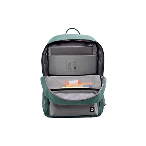 Grüner HP Rucksack mit offenem Hauptfach, Laptopfach und integrierten Stiften vor grauem Hintergrund.