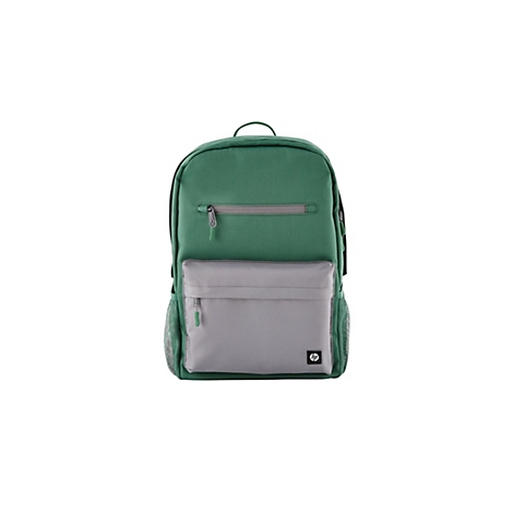 Grüner HP Rucksack mit grauer Fronttasche und HP-Logo vor weißem Hintergrund.