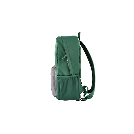 Ein grüner Rucksack von der Seite, graue Tasche vorne, auf weißem Hintergrund.