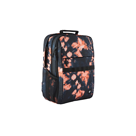 HP Laptop-Rucksack mit schwarz-orangem Batikmuster, Reißverschlüssen und Netztaschen vor weißem Hintergrund.