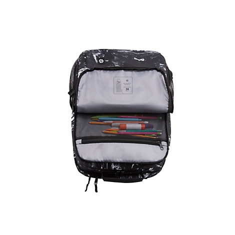 Schwarzer Rucksack mit weißem Muster, geöffnet, mit Bleistiften. Logo HP.