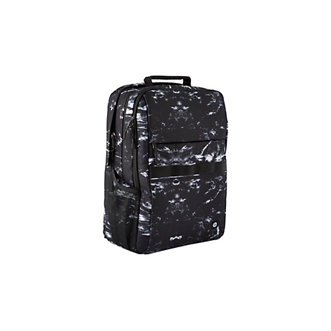 Schwarzer Laptop-Rucksack mit weißem Marmormuster, Seitentasche aus Netzstoff und HP-Logo.