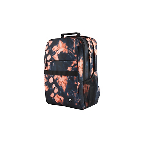 Ein Rucksack mit schwarz-orangem Batikmuster vor weißem Hintergrund mit HP-Logo.