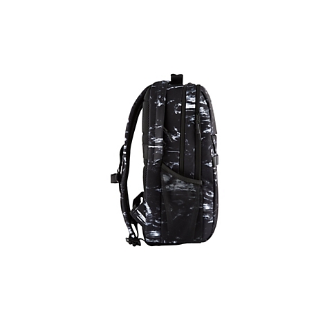 Schwarzer Rucksack mit weißem Marmormuster, seitliche Ansicht. Mit Netzfach und Reißverschlüssen.