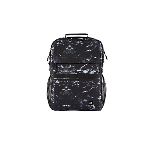 Schwarzer Rucksack mit weißem Marmormuster. Er hat schwarze Tragegriffe, Reißverschlüsse und ein HP-Logo.