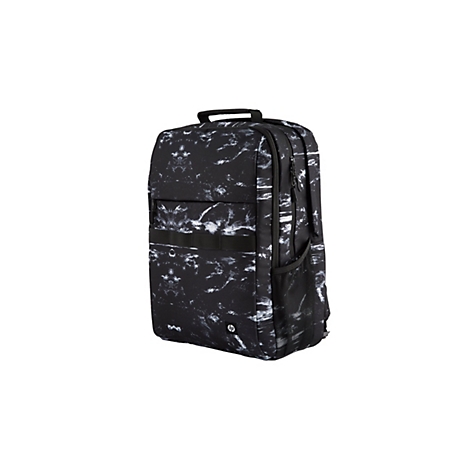 Schwarzer Rucksack mit weißem Marmormuster. Der Rucksack hat zwei Riemen und mehrere Taschen. Oben befindet sich ein Griff.