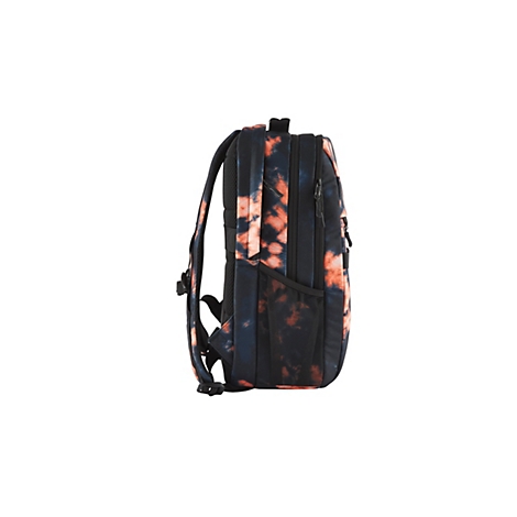Seitenansicht eines Rucksacks mit Batikmuster in Orange und Blau. Der Rucksack hat zwei Riemen und mehrere Reißverschlusstaschen.