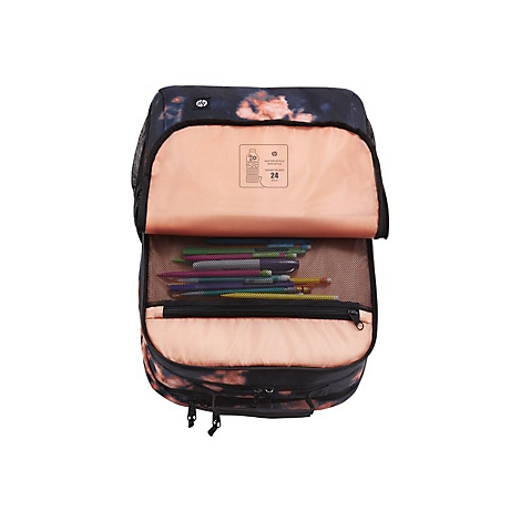Offener Rucksack mit Blumenmuster. Innenfach mit Stiften, dahinter ein Fach mit ReiÃŸverschluss.