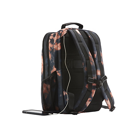 Schwarzer Rucksack mit rosa und blauen FarbtÃ¶nen. Ein Kabel verbindet das Smartphone mit dem Rucksack.