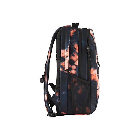 Ein schwarzer Rucksack mit orangefarbenen und blauen Mustern, Seitenansicht.