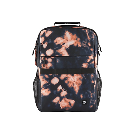 Schwarzer Rucksack mit Batikmuster in Orange und WeiÃŸ, Griff oben und seitliche Netztaschen.