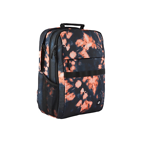 Schwarzer Rucksack mit orangefarbenem Batikmuster, ReiÃŸverschlÃ¼ssen und Tragegriff.