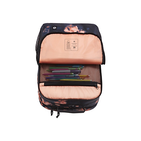 Offener Rucksack mit rosa Innenfutter, Stiften und floralem Muster, mit HP Logo.
