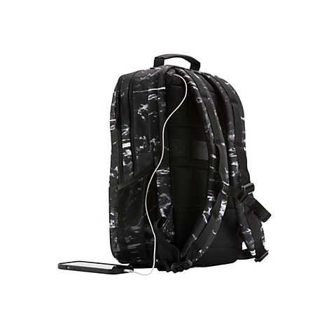 Schwarzer Rucksack mit weiÃŸem Muster, Kabel zum Smartphone.